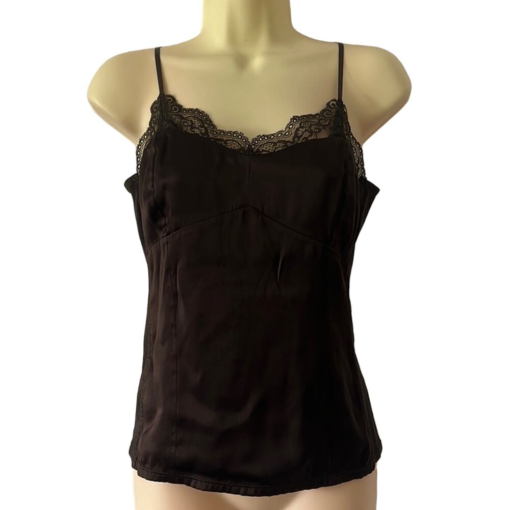 Ann Taylor Petite Brown Silk/Knit Camisole Blouse Lace Spaghetti Straps Classic